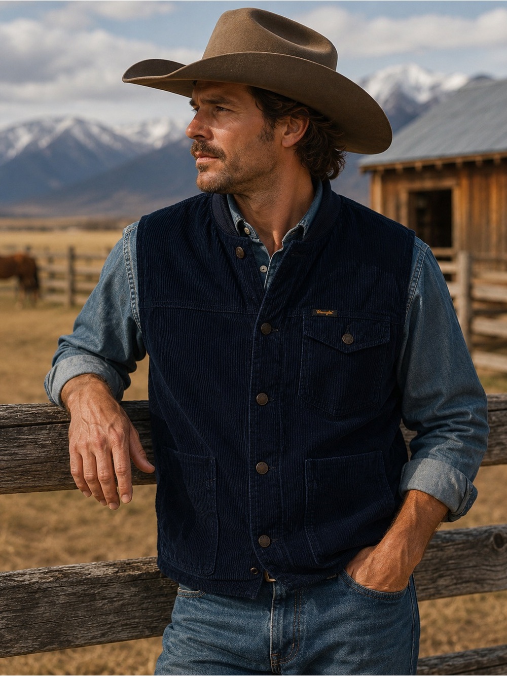 Wrangler Men’s Rancher Navy Blue Corduroy Western Cowboy Button Down Vest